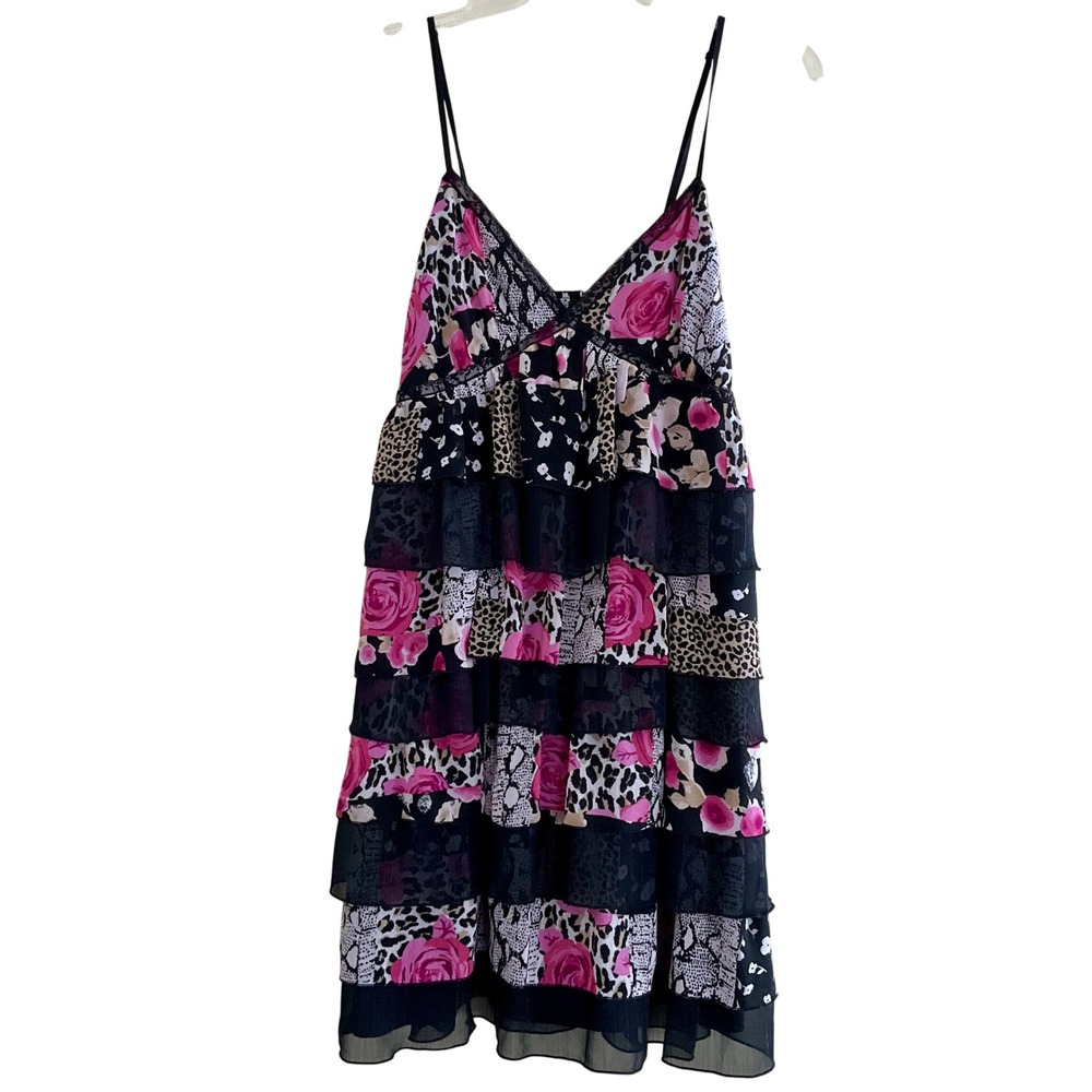 Floral Leopard Patchwork‎ Tiered Ruffle Mini Dress Pink Black Animal Print Lace